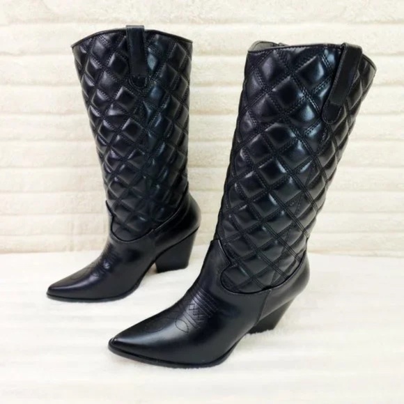 Cape Robbin Black Quilted Faux Leather Western Mid Calf Cowgirl Boots - Picture 7 of 11